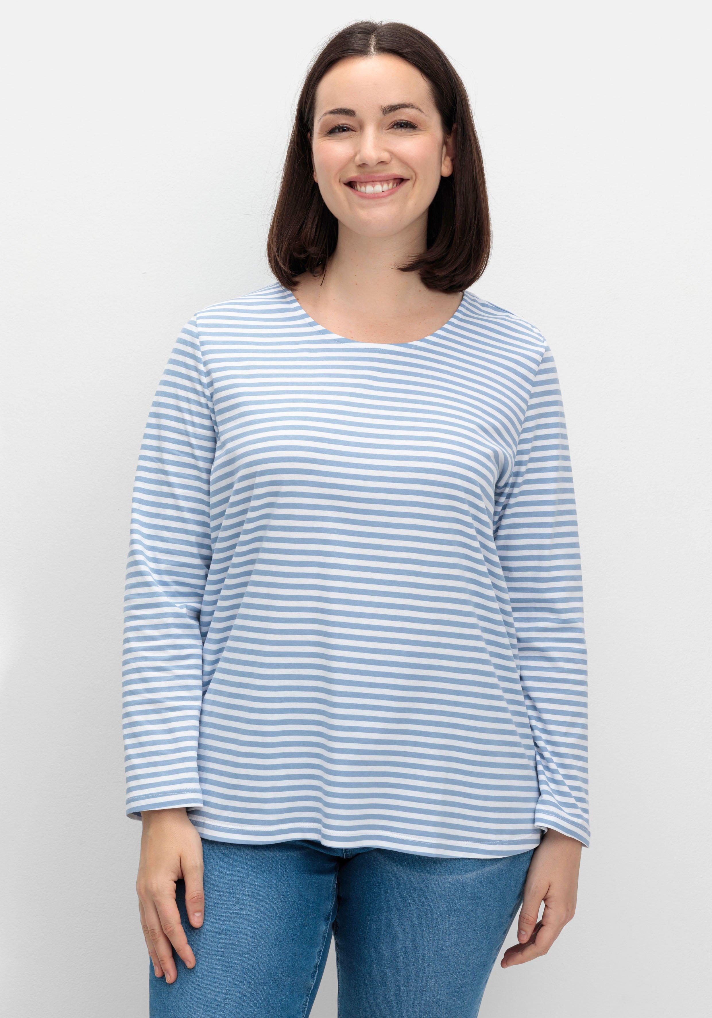 sheego Gestreiftes Langarmshirt mit Rundhalsausschnitt - mittelblau gestreift sheego