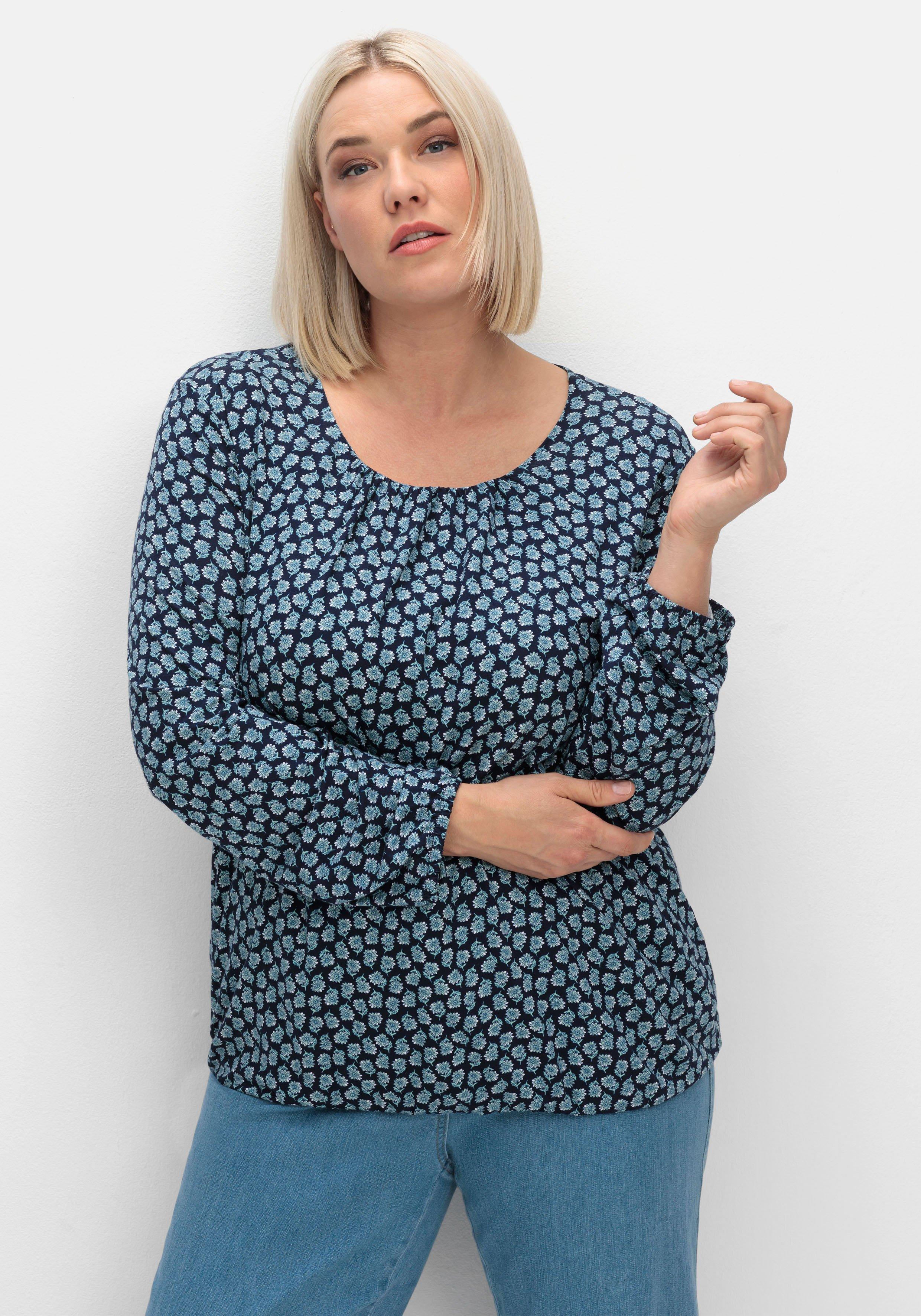 sheego Langarmshirt mit Minimalprint und Saum-Gummizug - nachtblau gemustert sheego