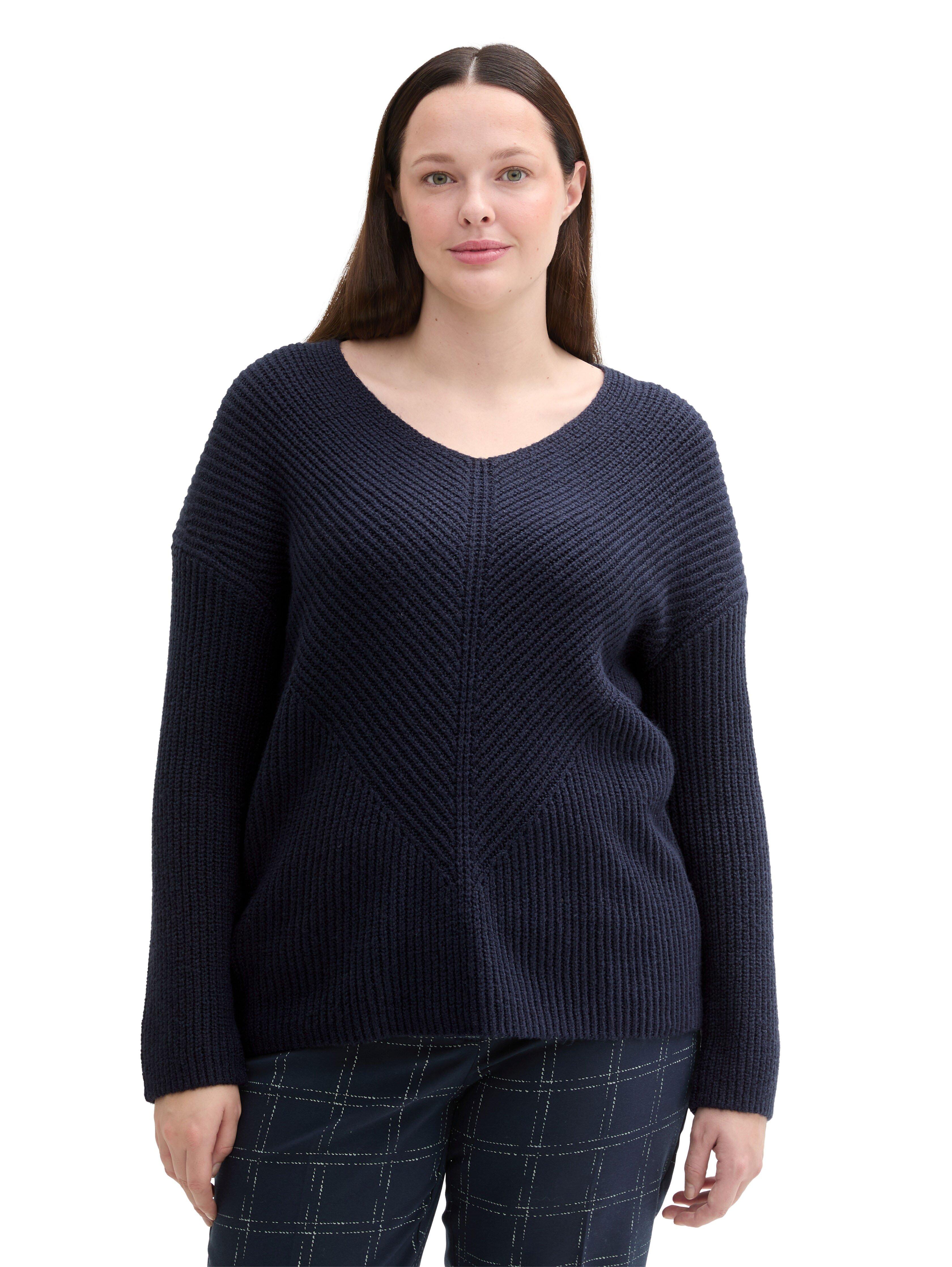 TOM TAILOR Plus Pullover mit V-Ausschnitt, in Rippstruktur - marine sheego