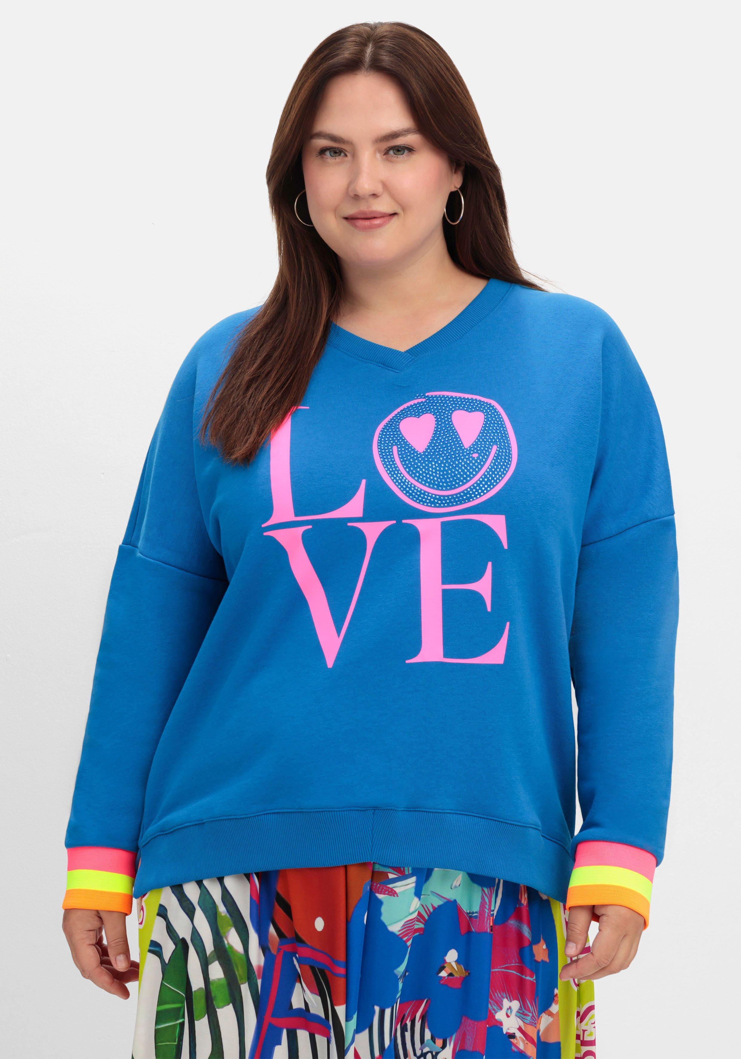 sheego loves miss goodlife Sweatshirt mit Frontdruck und Ringelbündchen - blau bedruckt sheego