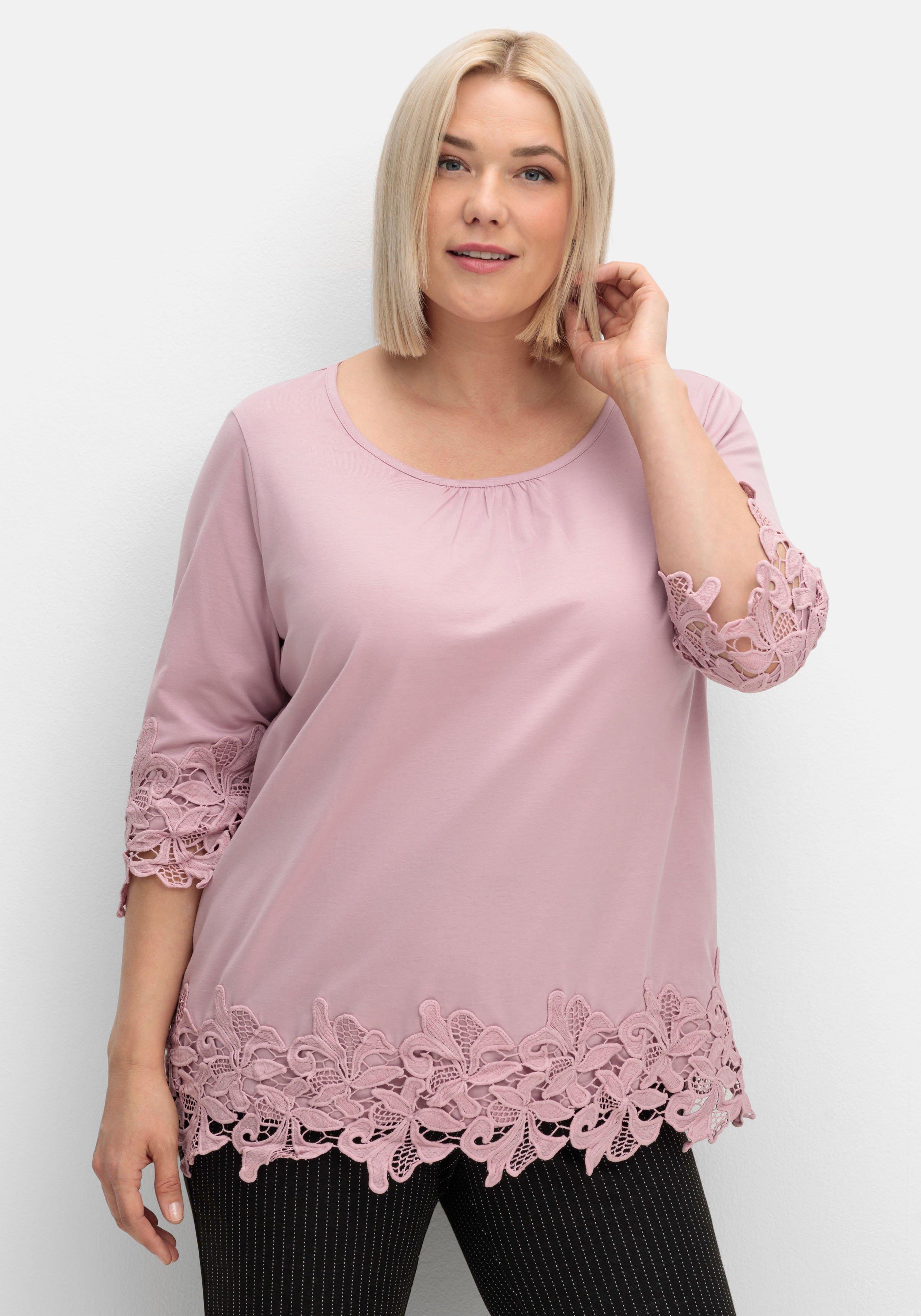 sheego 3/4-Arm-Shirt mit breiter, aufgesetzter Spitze - mauve sheego