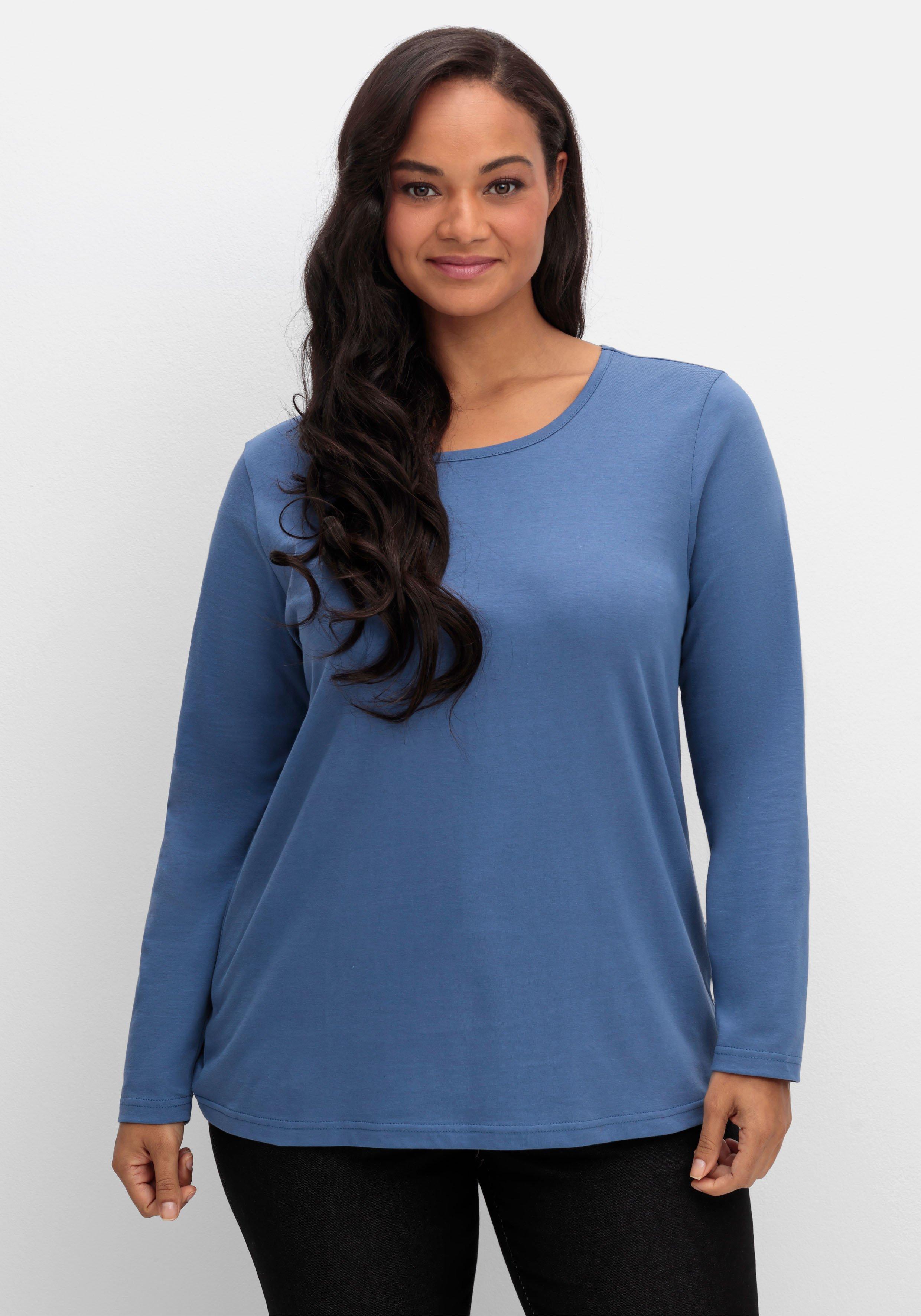 sheego Langarmshirt mit Rundhalsausschnitt, aus Baumwolle - jeansblau sheego