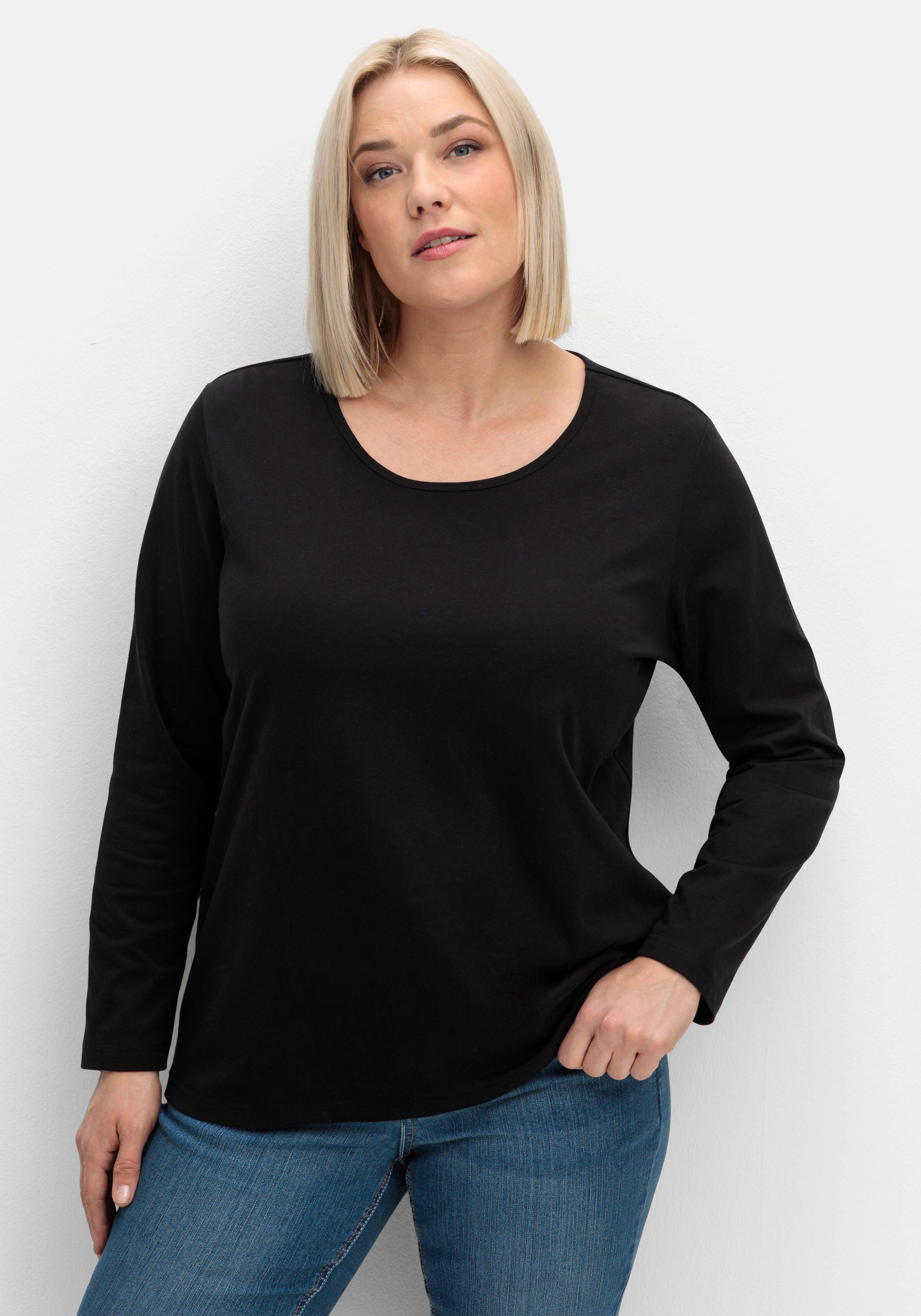 sheego Langarmshirt mit Rundhalsausschnitt, aus Baumwolle - schwarz sheego