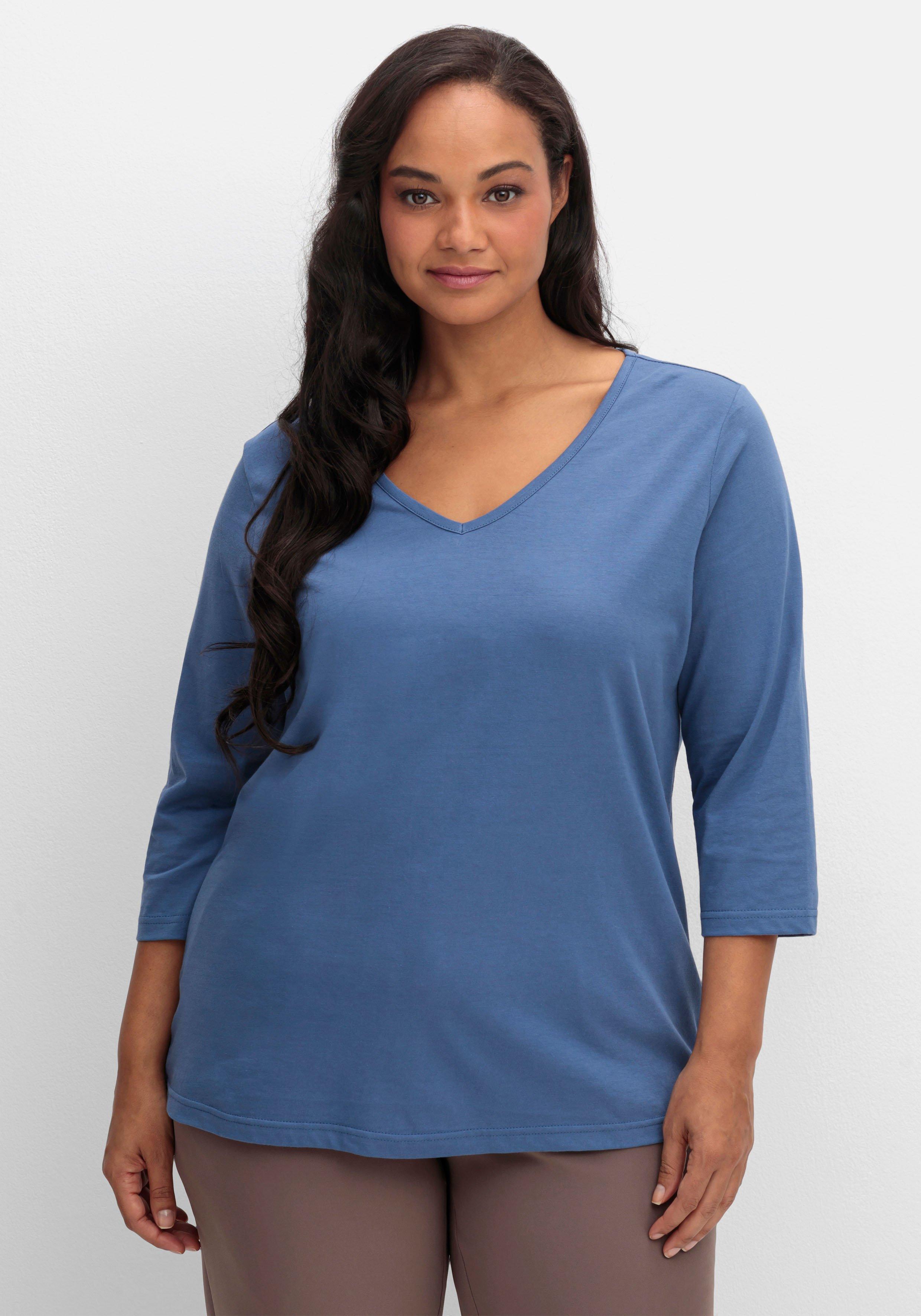 sheego Shirt mit 3/4-Ärmeln und V-Ausschnitt - jeansblau sheego