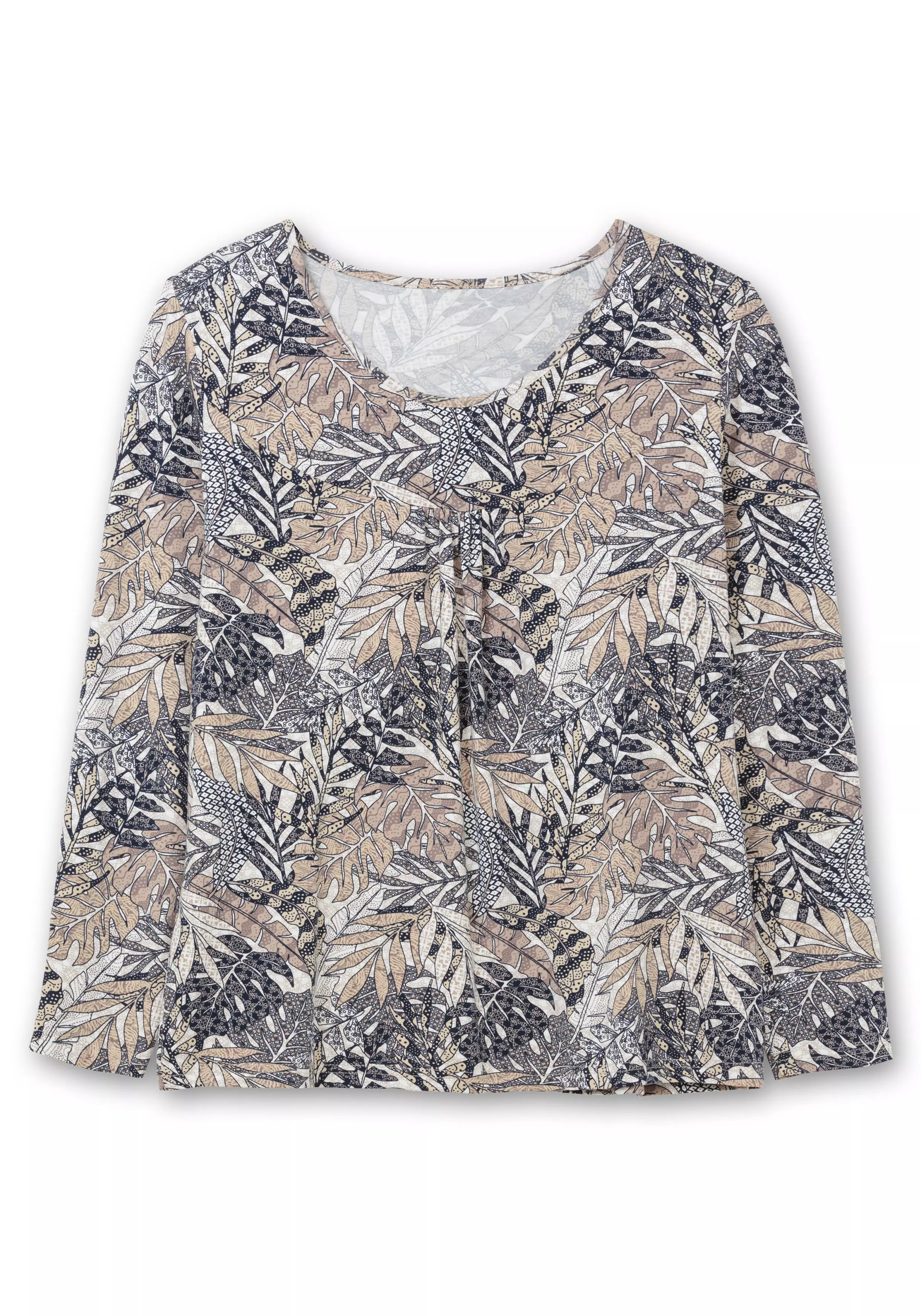 Langarmshirt mit Blätterprint und Faltendetail vorn marine gemustert