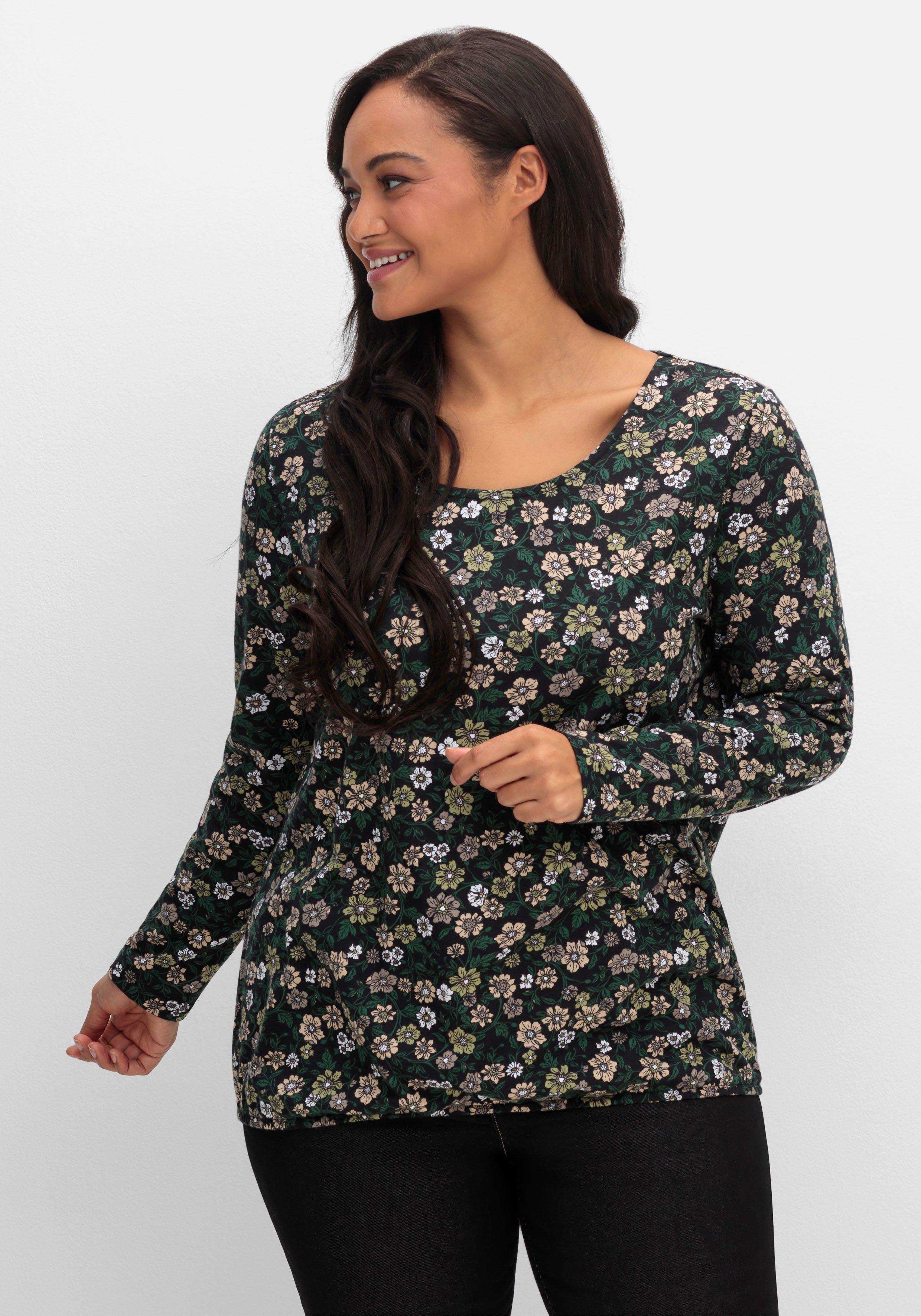 sheego Langarmshirt mit Blümchenprint und Gummizugsaum - tiefgrün gemustert sheego