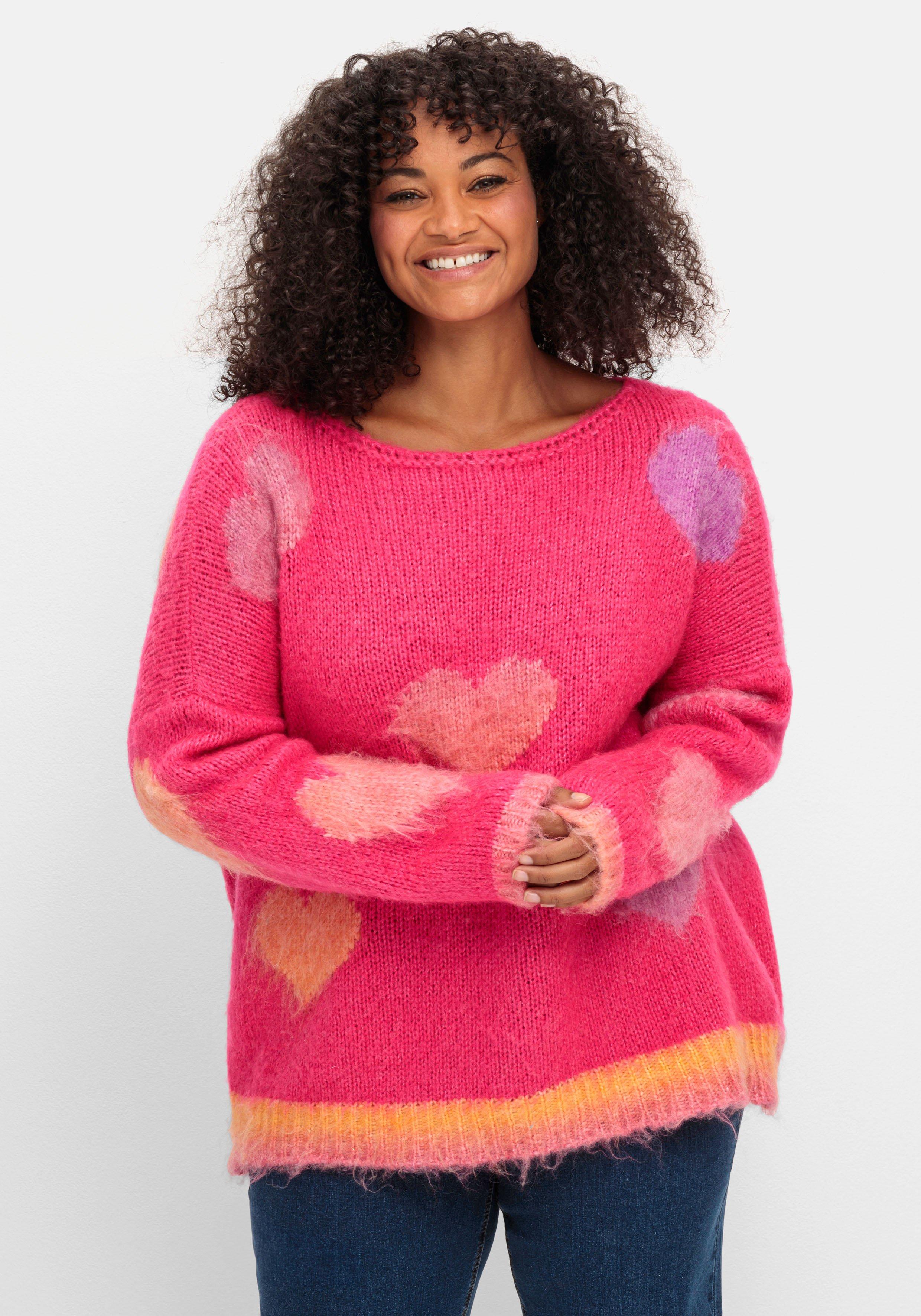 sheego loves miss goodlife Strickpullover mit Herz-Intarsien, im Oversized-Schnitt - pink gemustert sheego