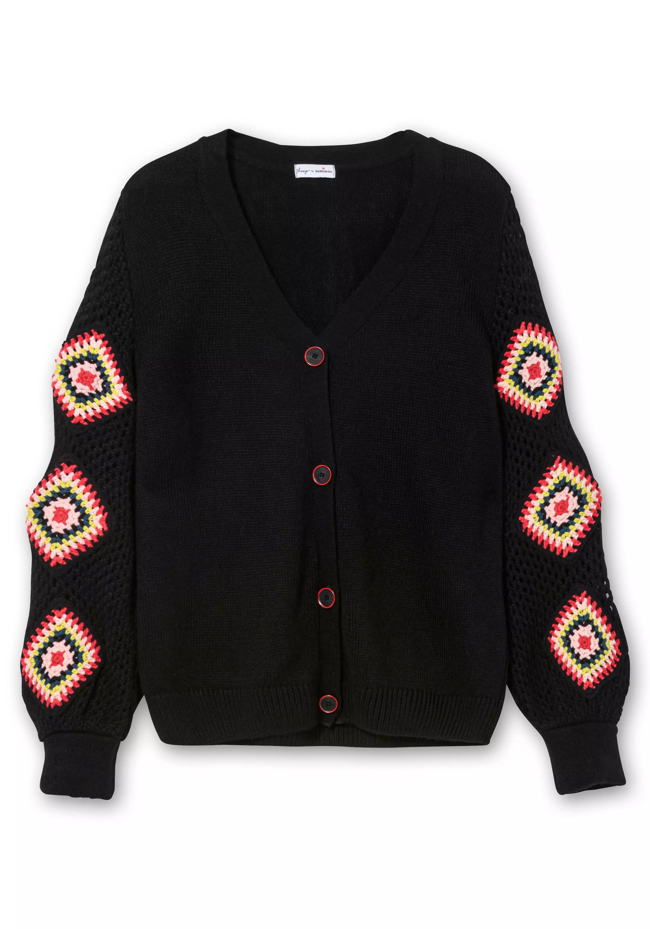 Strickjacke mit aufgenähten Häkelpatches schwarz