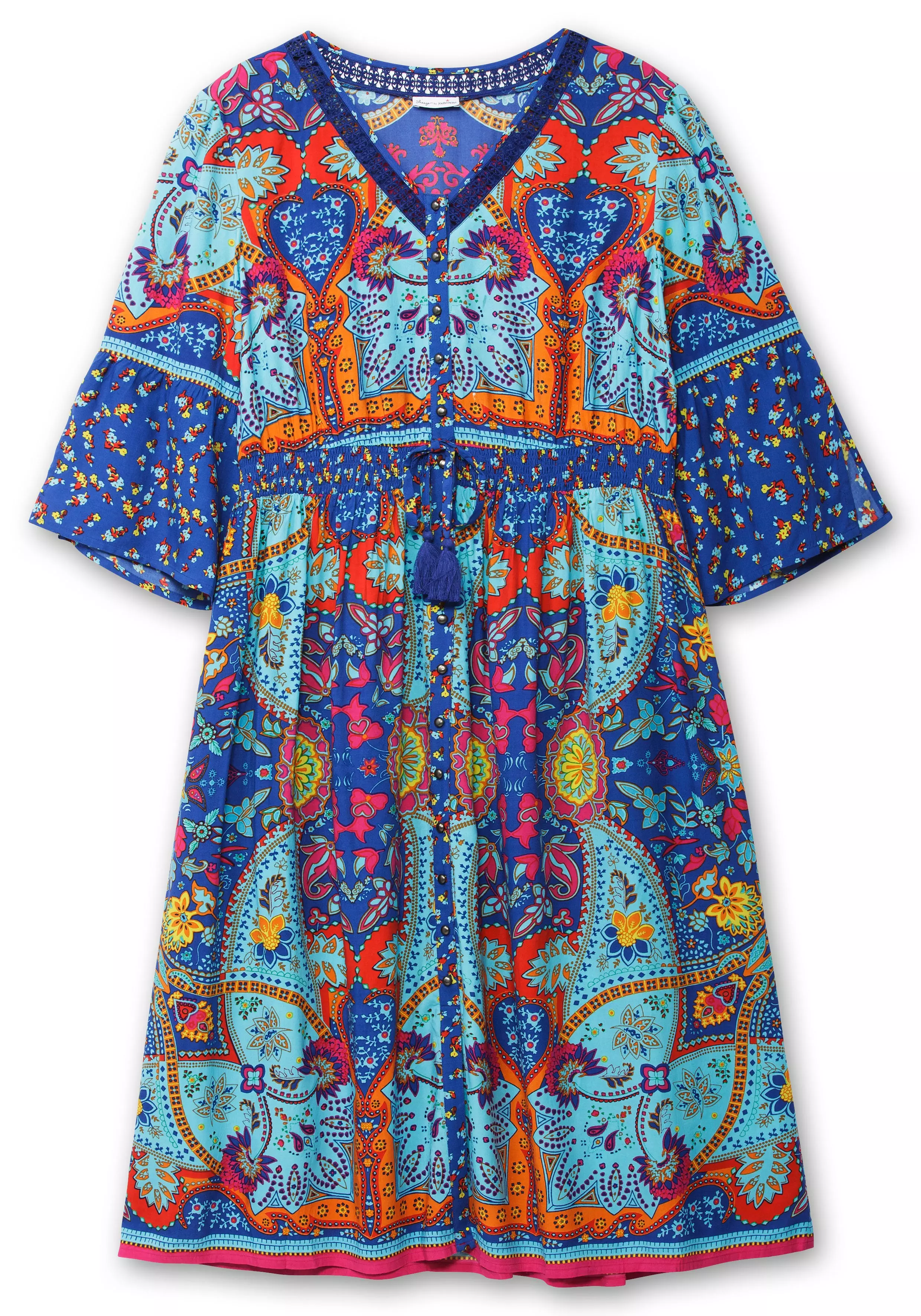 Maxikleid im Boho-Stil, mit Taillen-Smokbund blau gemustert