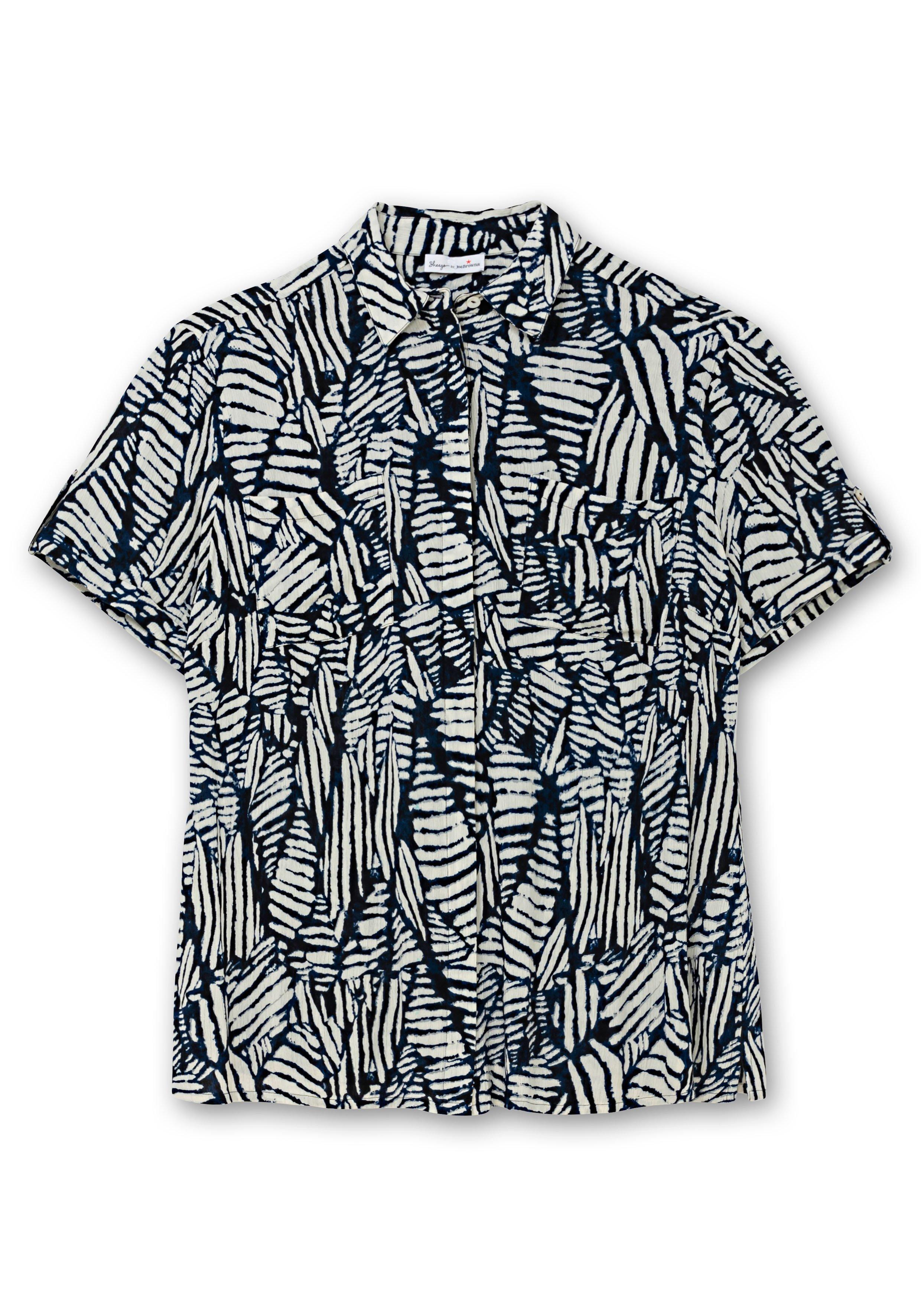 Thumbnail - Sheego Kurzarm-Hemdbluse mit Alloverdruck, blaubeere gemustert, Gr.56