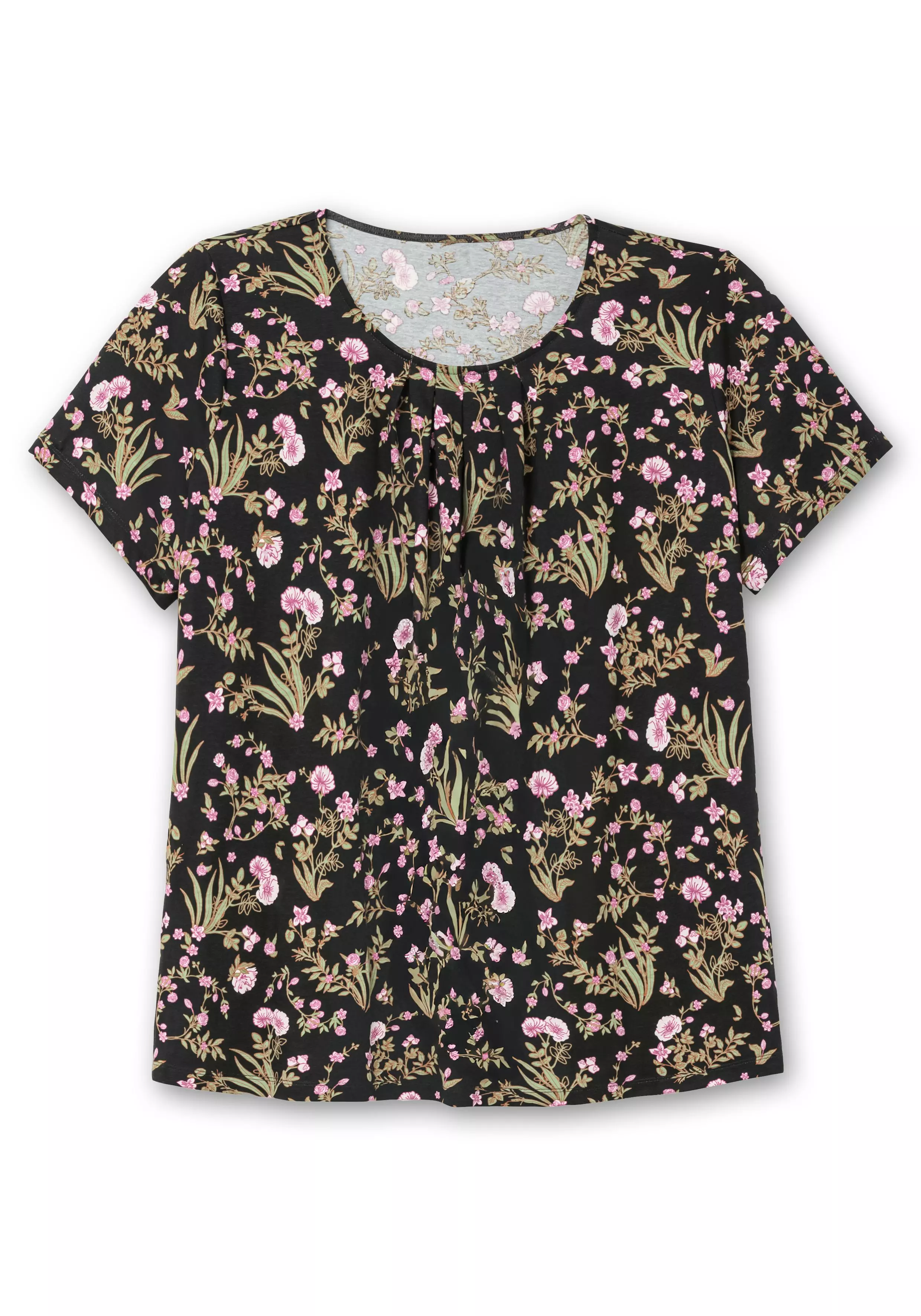 Kurzarmshirt mit Blumenprint und Faltendetails schwarz gemustert