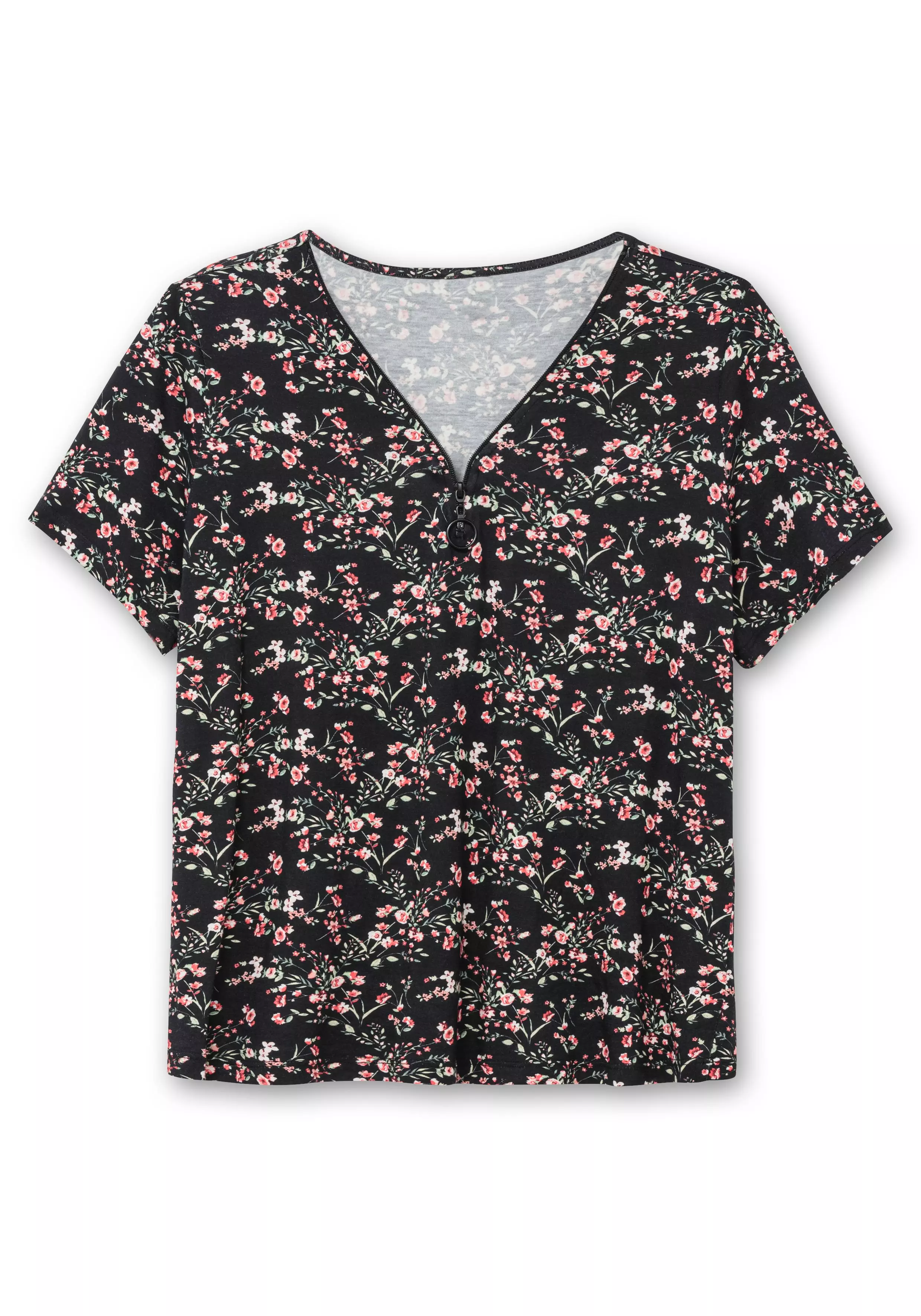 Shirt mit Zipper am Ausschnitt und Blumenprint schwarz gemustert